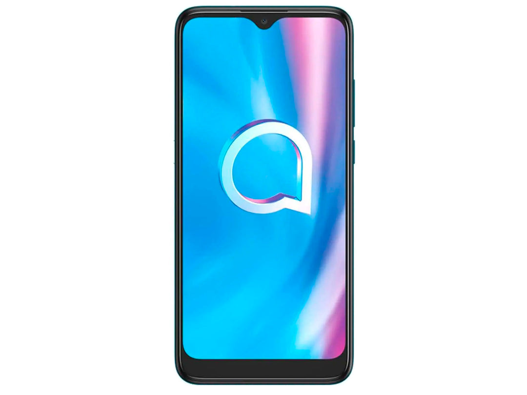 Vista frontal de un teléfono inteligente Alcatel con pantalla encendida mostrando fondo azul y blanco.