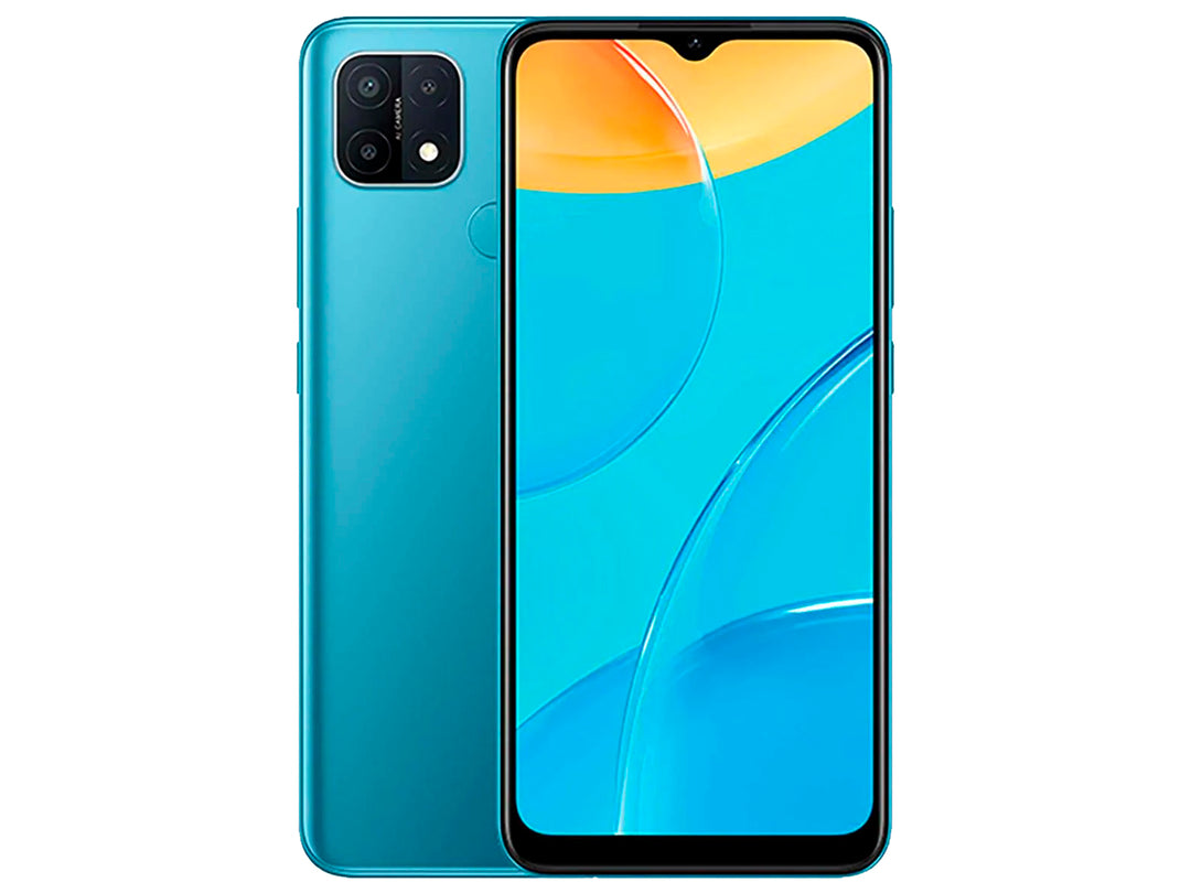 Teléfono inteligente OPPO A15 en color azul, vista frontal y posterior sobre fondo blanco.