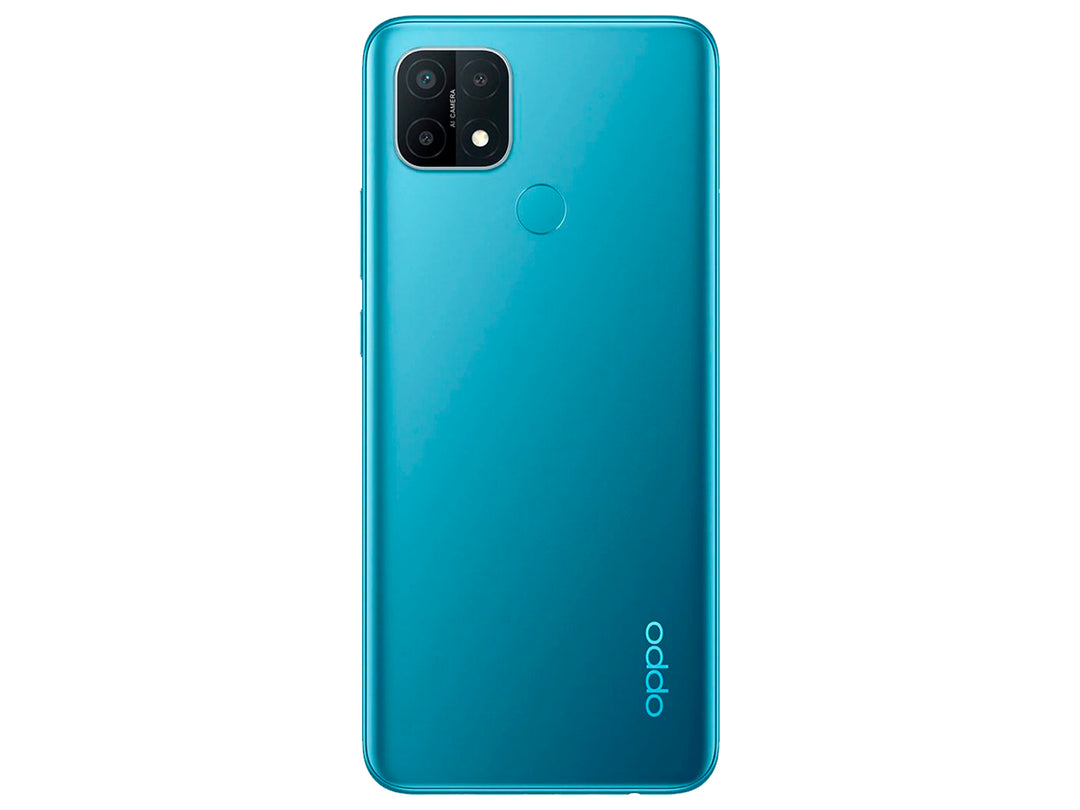 Teléfono inteligente OPPO A15 en color azul, vista frontal y posterior sobre fondo blanco.