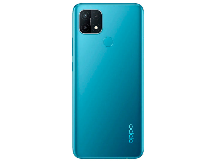 Teléfono inteligente OPPO A15 en color azul, vista frontal y posterior sobre fondo blanco.