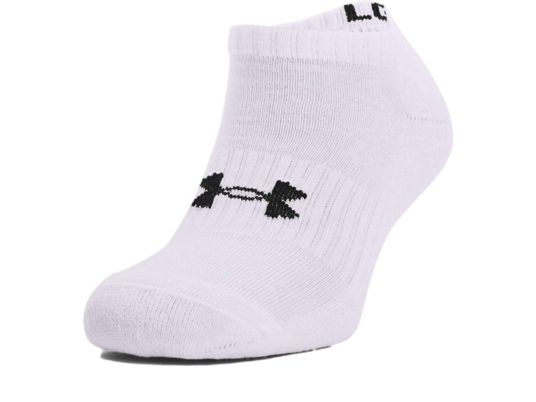 Pack de 3 calcetines blancos Under Armour Core No Show con logotipo negro.