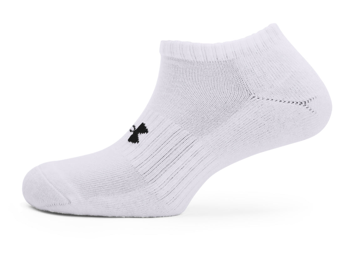 Pack de 3 calcetines blancos Under Armour Core No Show con logotipo negro.