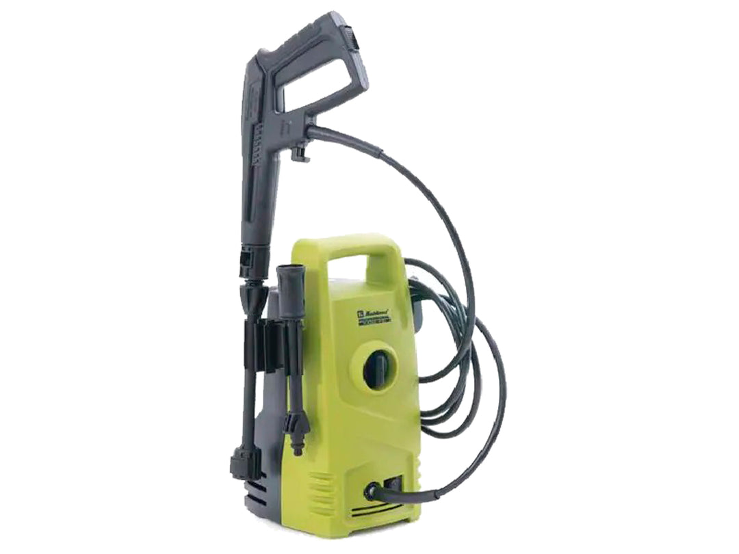 Hidrolavadora Koblenz de color verde y negro con manguera y pistola de agua integrada.