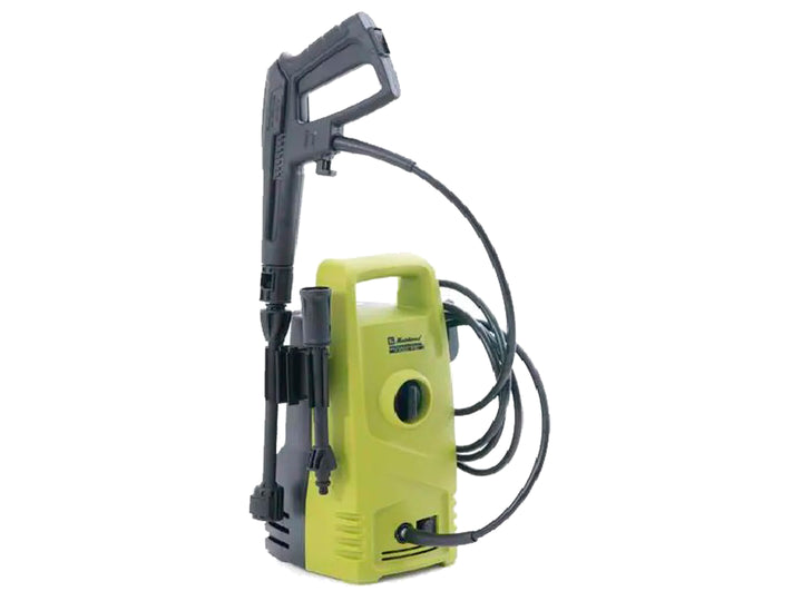Hidrolavadora Koblenz de color verde y negro con manguera y pistola de agua integrada.