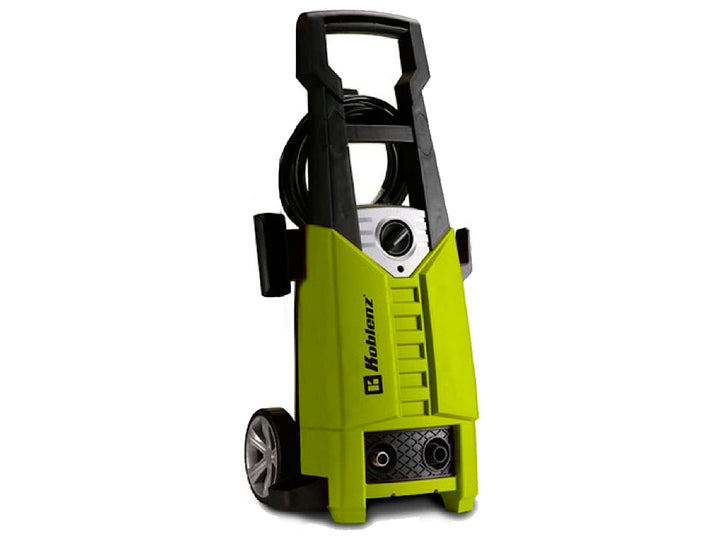 Hidrolavadora Koblenz de color verde y negro con mango superior y ruedas laterales.