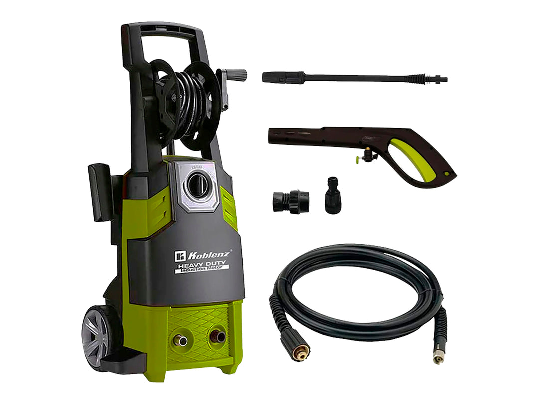Hidrolavadora Koblenz color verde y negro con manguera, pistola y accesorios.