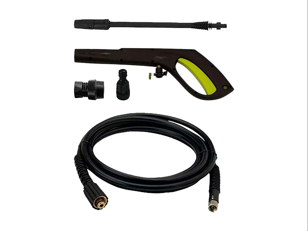 Hidrolavadora Koblenz color verde y negro con manguera, pistola y accesorios.