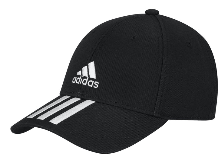 Gorra deportiva Adidas color negro con logotipo y tres franjas blancas en la visera.