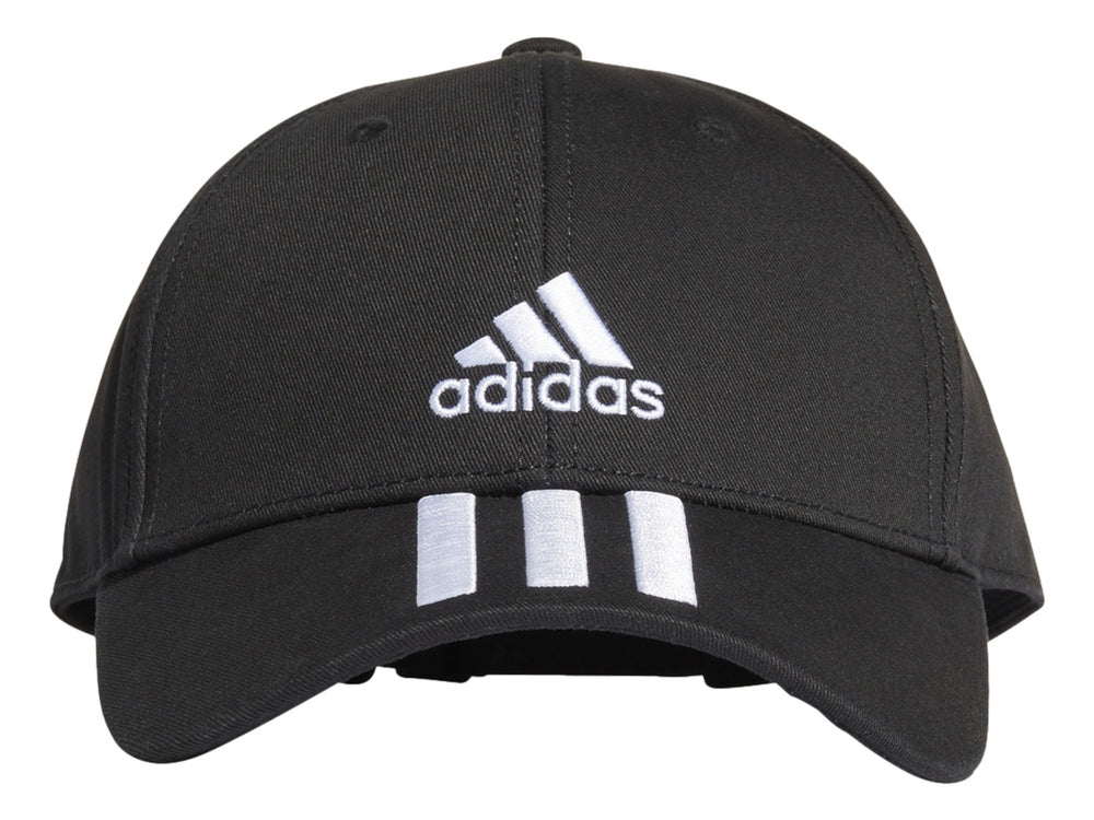 Gorra deportiva Adidas color negro con logotipo y tres franjas blancas en la visera.