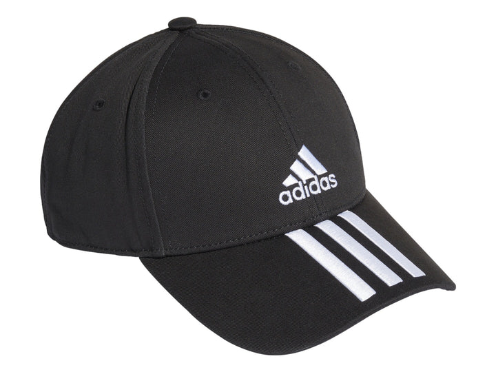 Gorra deportiva Adidas color negro con logotipo y tres franjas blancas en la visera.
