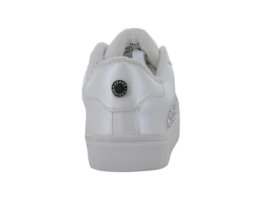 Tenis blancos infantiles con panel lateral decorado con brillantes y suela blanca.