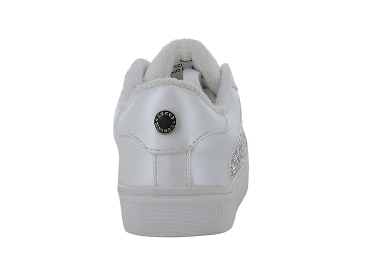 Tenis blancos infantiles con panel lateral decorado con brillantes y suela blanca.