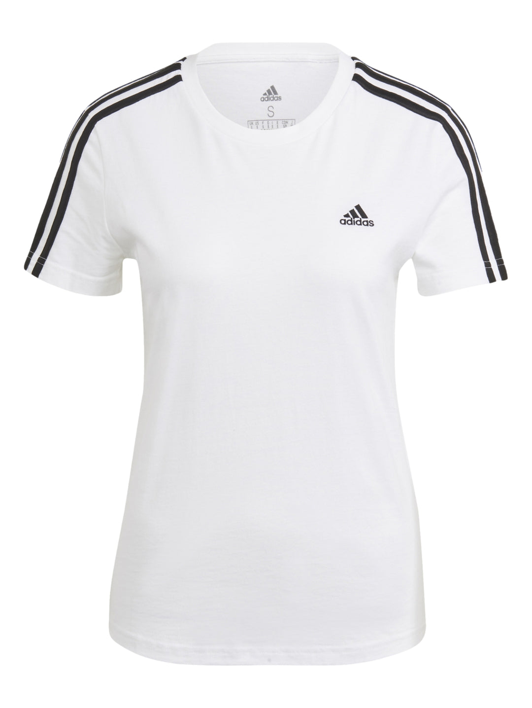 Mujer vistiendo playera deportiva blanca Adidas con tres franjas negras en los hombros.