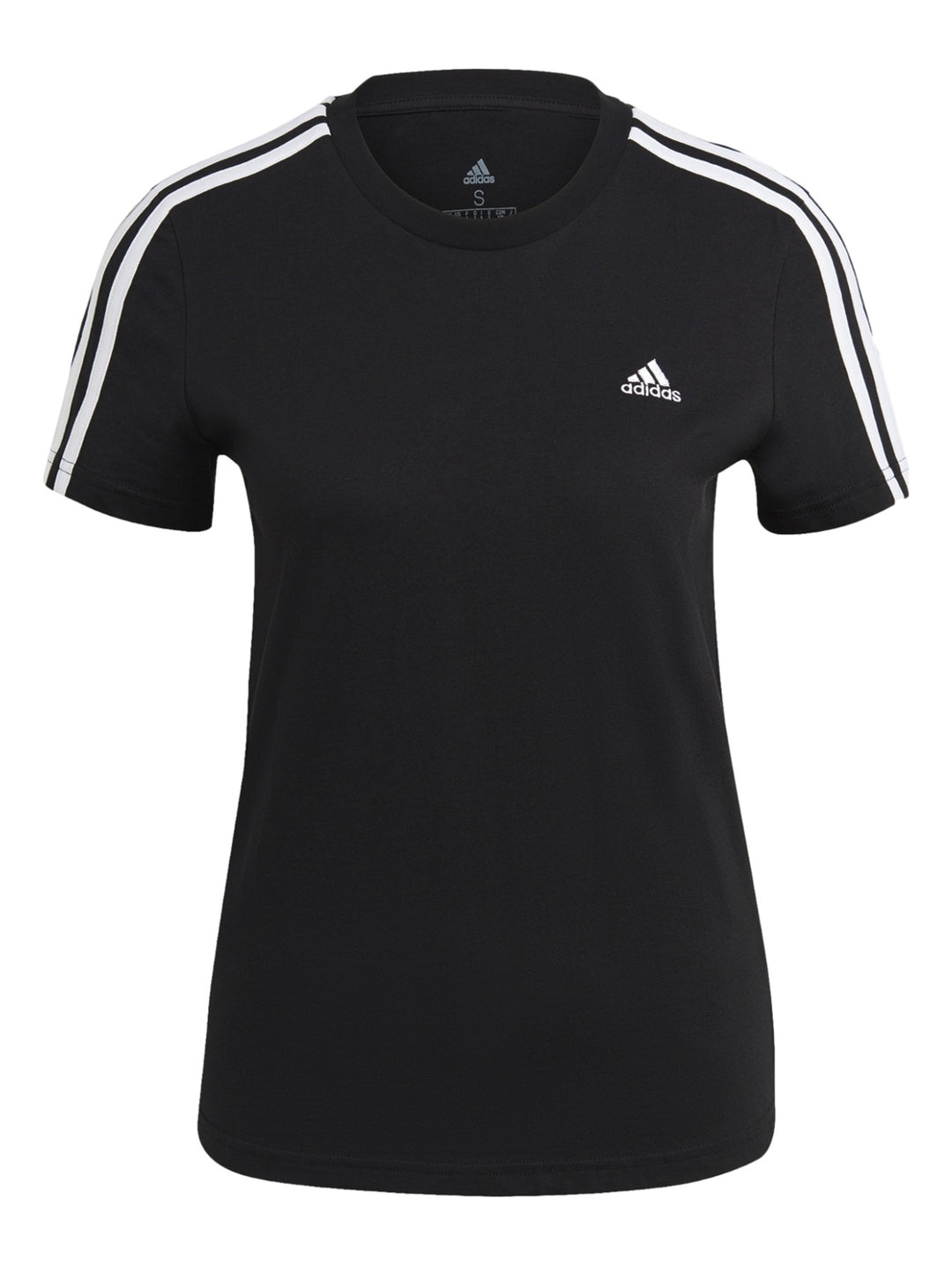 Mujer vistiendo playera deportiva Adidas color negro con tres franjas blancas en los hombros.