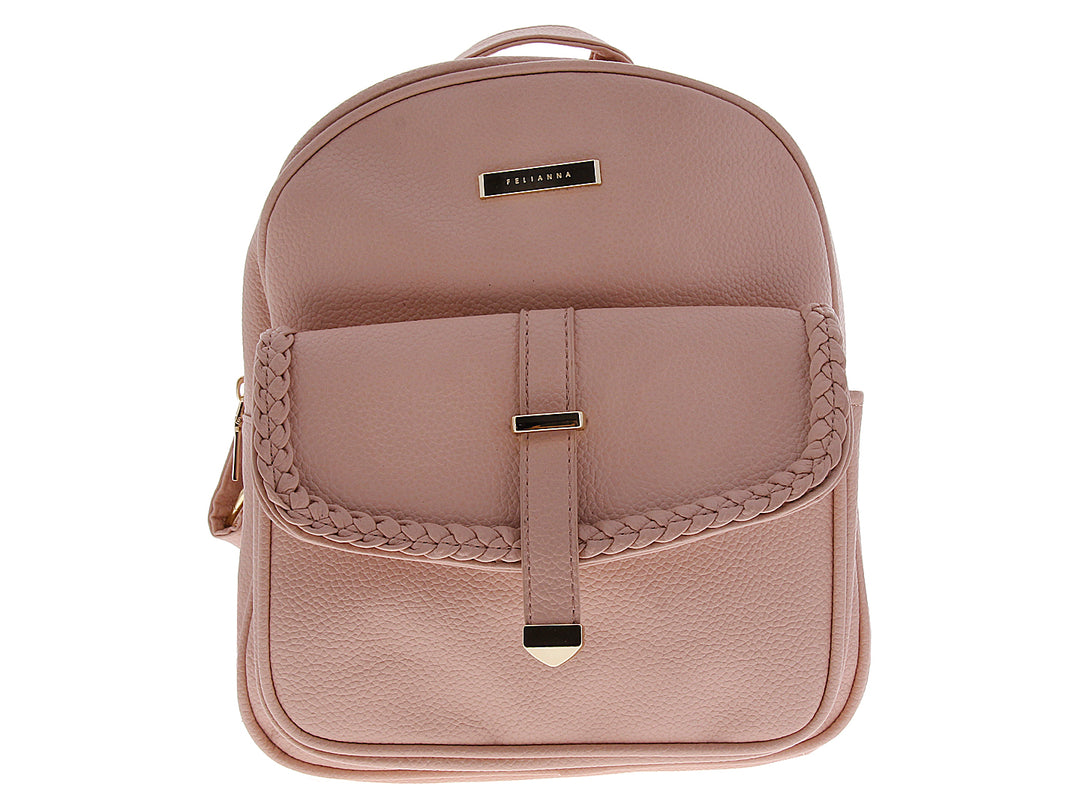 Mochila rosa Felianna con detalle trenzado frontal y herrajes dorados.