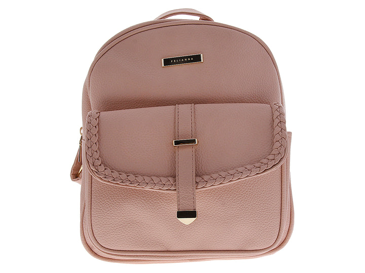 Mochila rosa Felianna con detalle trenzado frontal y herrajes dorados.