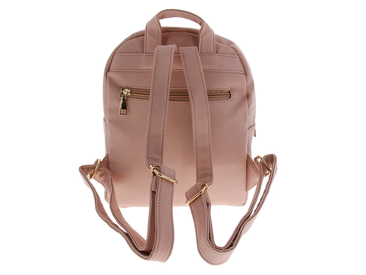 Mochila rosa Felianna con detalle trenzado frontal y herrajes dorados.
