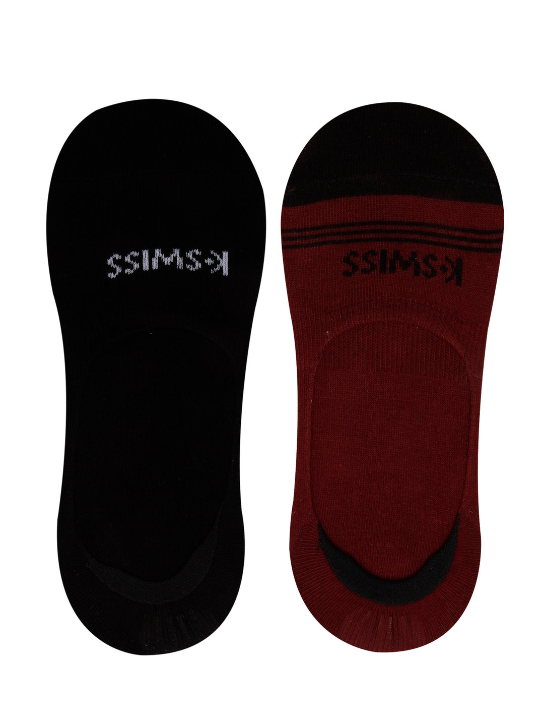 Par de calcetines protectores de pie K-Swiss en colores negro y rojo oscuro.