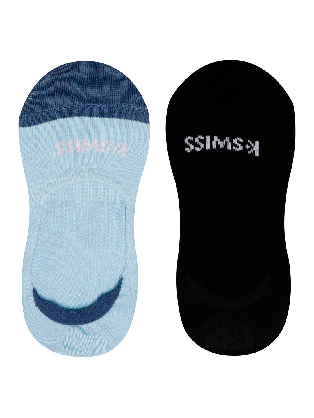 Dos pares de calcetines K-Swiss no show, uno en color azul claro con detalles marinos y otro en color negro.