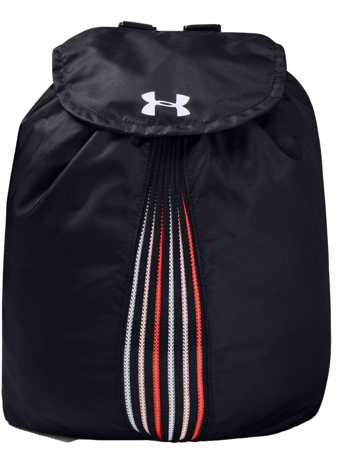 Mochila Under Armour color negro con detalles de rayas verticales en blanco y rojo y logotipo blanco frontal.
