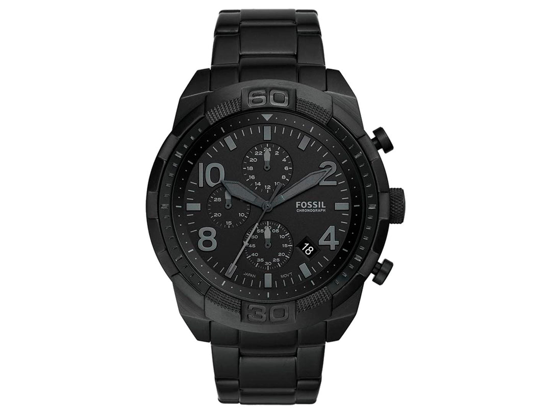 Reloj Fossil negro para hombre con caja circular, esfera de cronógrafo y extensible de metal mate.
