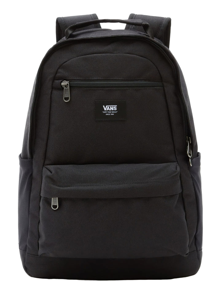 Mochila escolar Vans de color negro con múltiples compartimentos y cierre frontal.