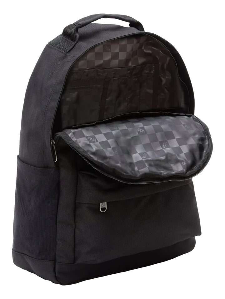 Mochila escolar Vans de color negro con múltiples compartimentos y cierre frontal.