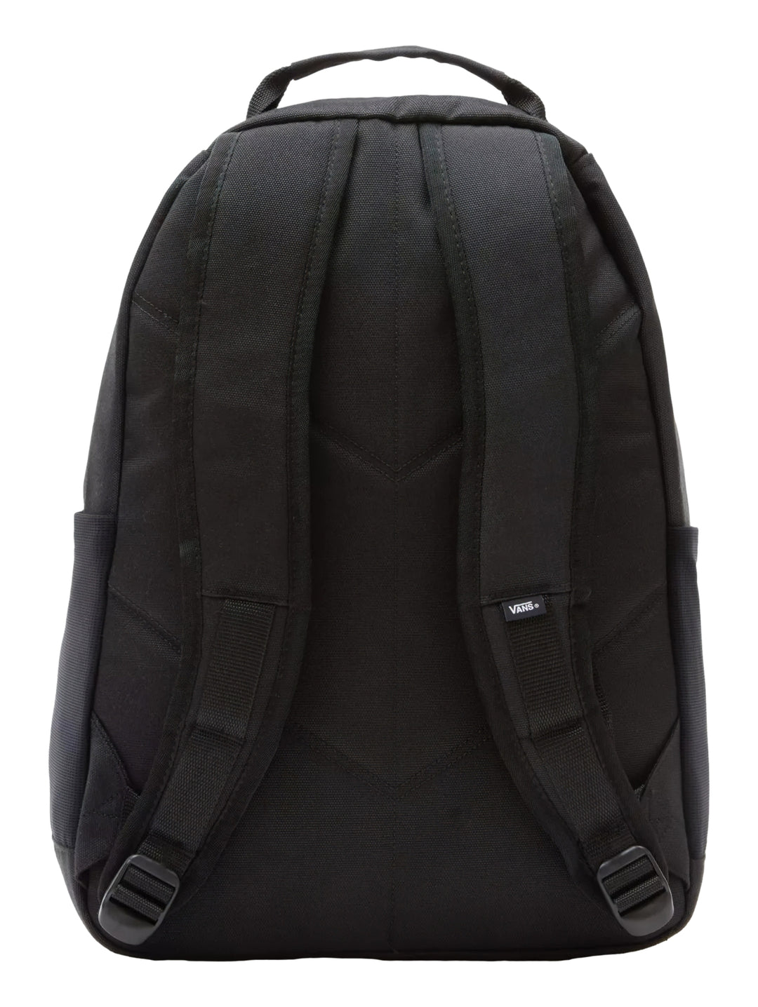Mochila escolar Vans de color negro con múltiples compartimentos y cierre frontal.
