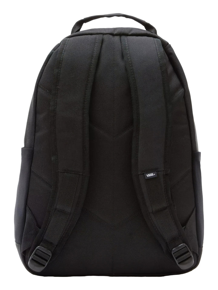 Mochila escolar Vans de color negro con múltiples compartimentos y cierre frontal.