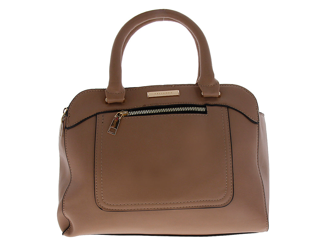Bolsa de mano color taupe con asas superiores y bolsillo frontal con cierre dorado.