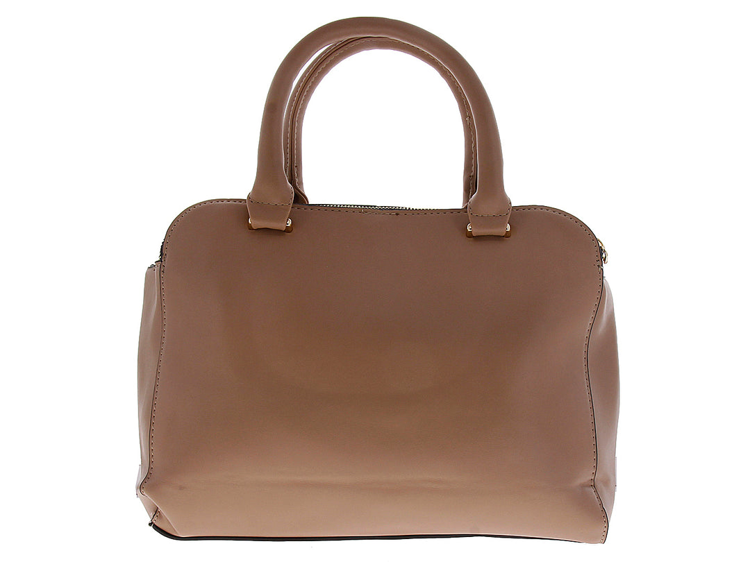 Bolsa de mano color taupe con asas superiores y bolsillo frontal con cierre dorado.