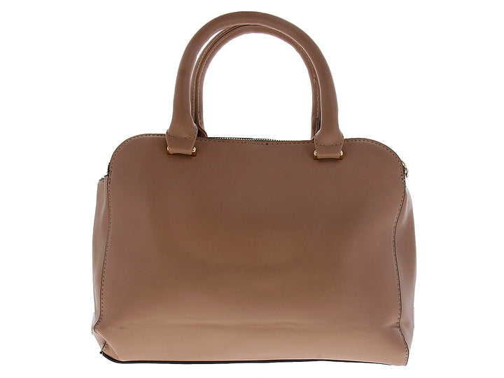 Bolsa de mano color taupe con asas superiores y bolsillo frontal con cierre dorado.