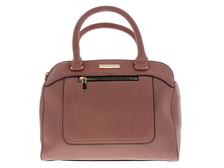 Bolsa de mano color rosa con asas superiores y herrajes dorados.