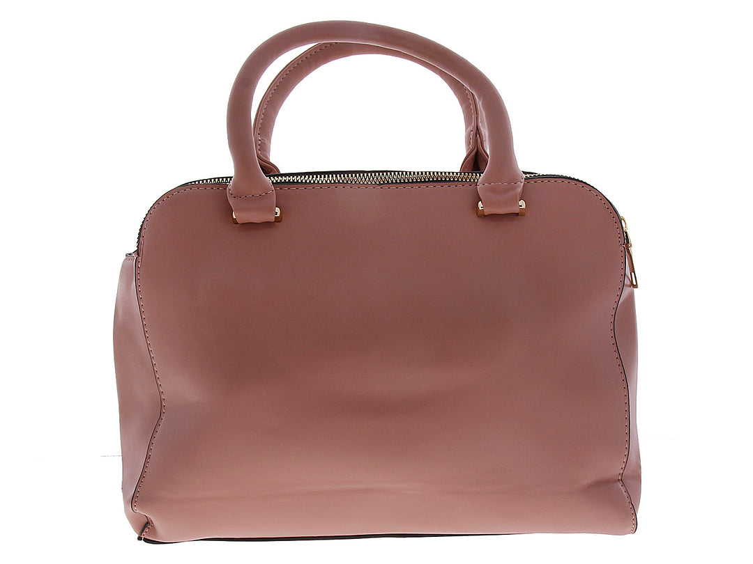 Bolsa de mano color rosa con asas superiores y herrajes dorados.