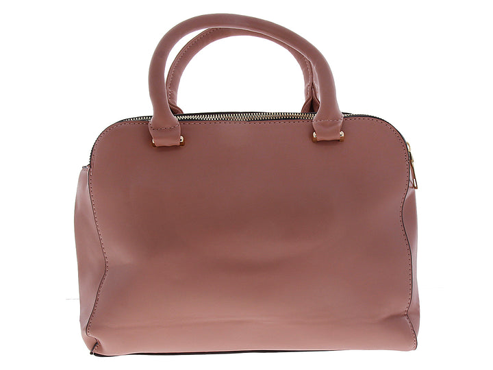 Bolsa de mano color rosa con asas superiores y herrajes dorados.