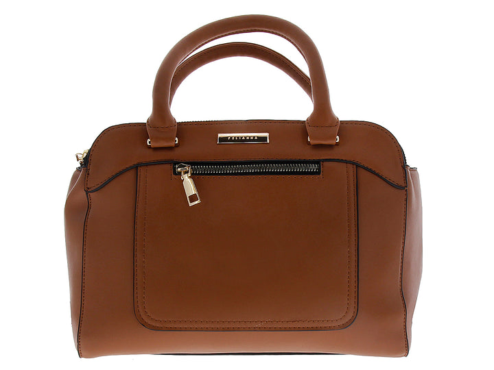 Bolsa de mano color marrón con asas superiores y detalles metálicos dorados.