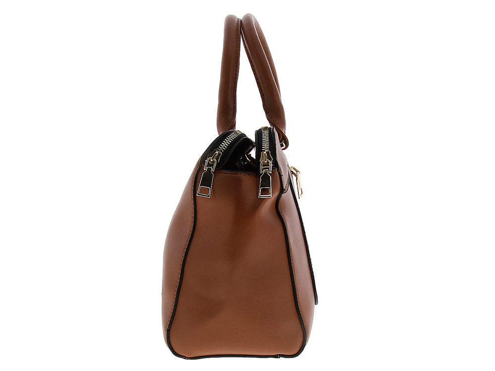 Bolsa de mano color marrón con asas superiores y detalles metálicos dorados.