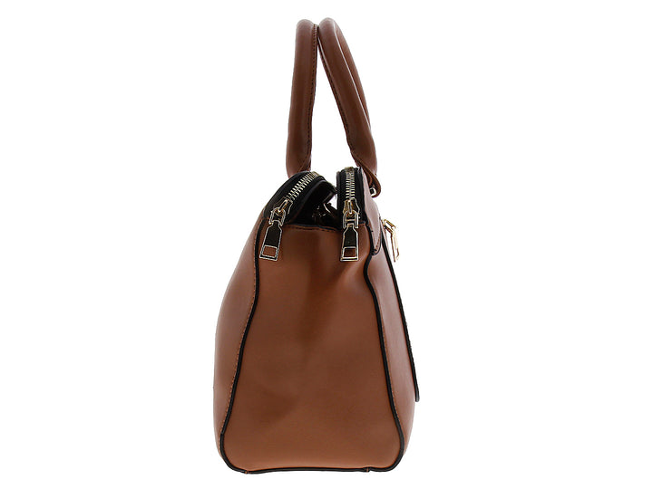 Bolsa de mano color marrón con asas superiores y detalles metálicos dorados.