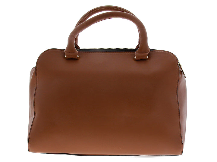 Bolsa de mano color marrón con asas superiores y detalles metálicos dorados.