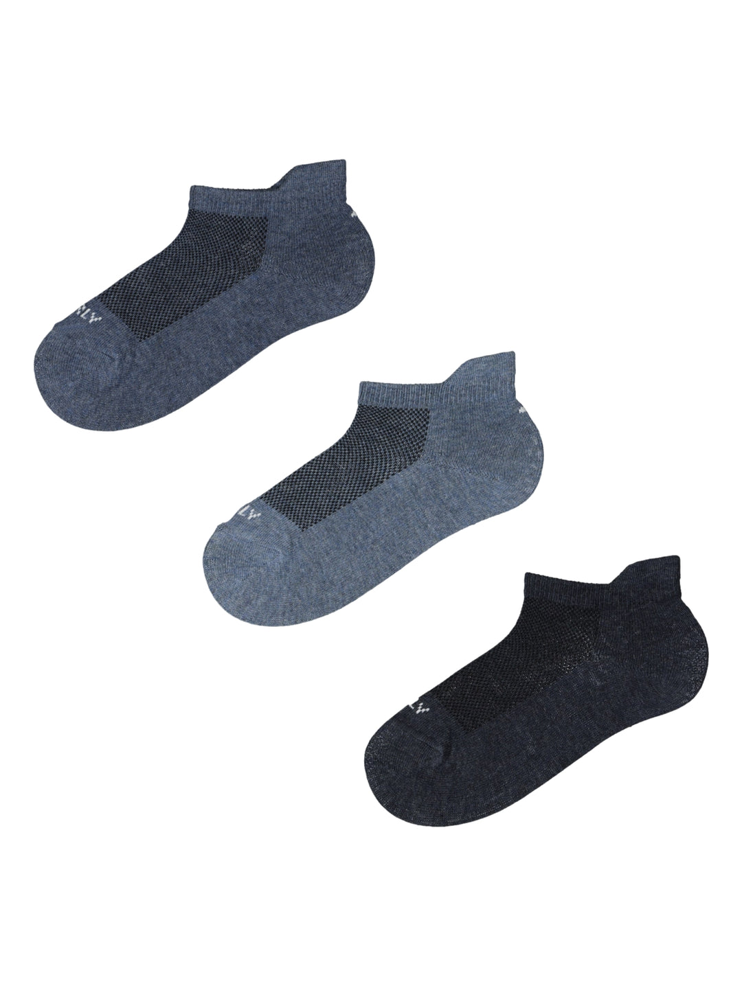 Paquete de tres pares de calcetines deportivos Charly en diferentes tonos de azul.
