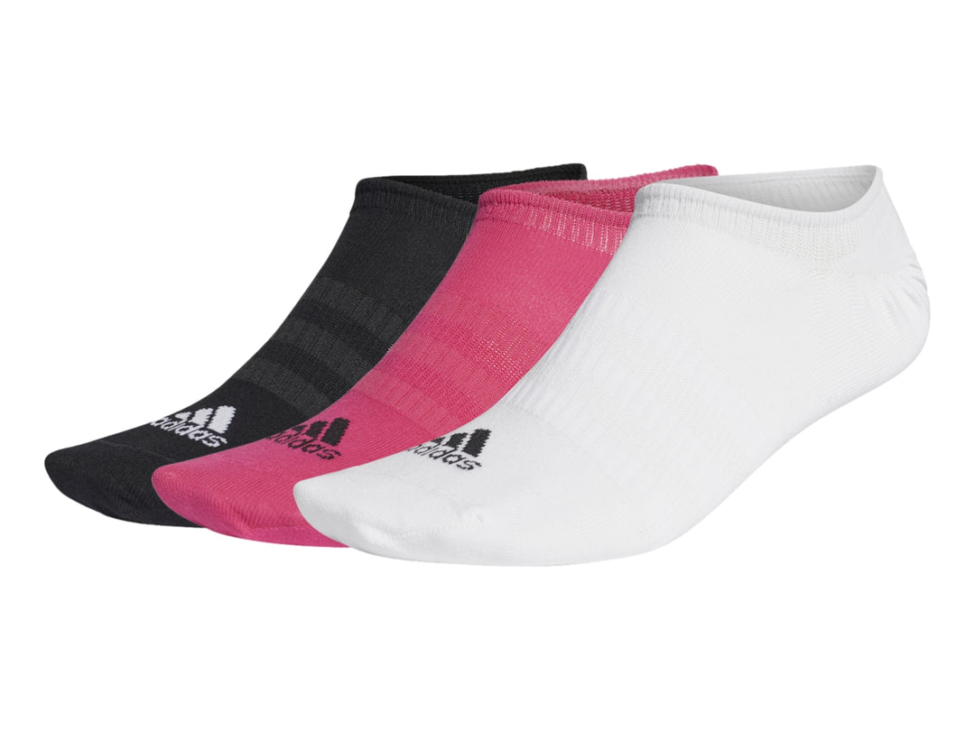 Pack de tres pares de calcetines cortos Adidas en colores blanco, magenta y negro.