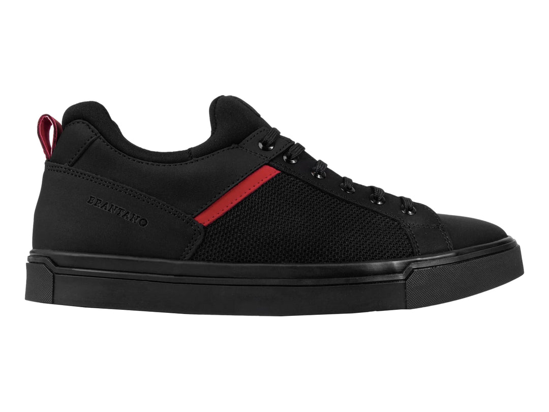 Tenis Brantano Stark para hombre en color negro con detalles en rojo y textura de malla lateral.