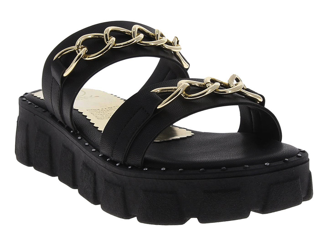 Sandalias negras de plataforma con tiras decoradas con cadenas doradas.