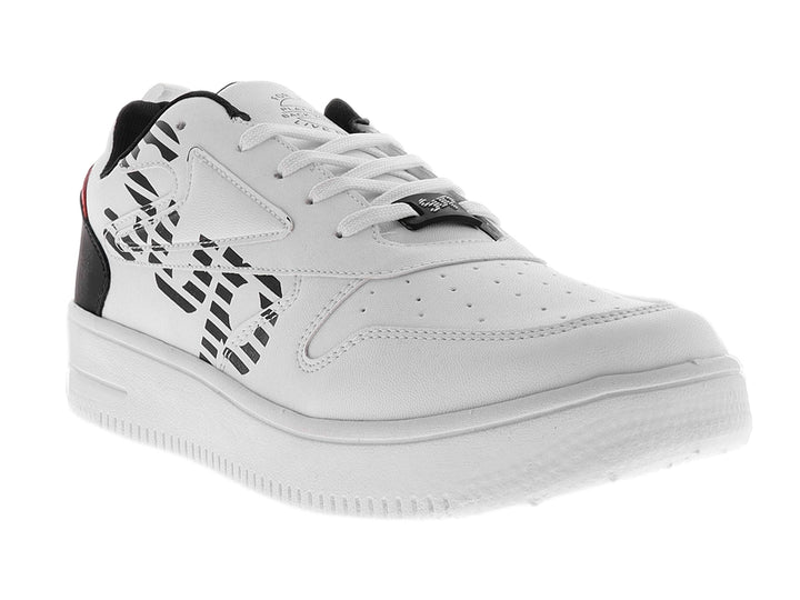 Tenis blancos con detalles gráficos en negro y suela blanca.