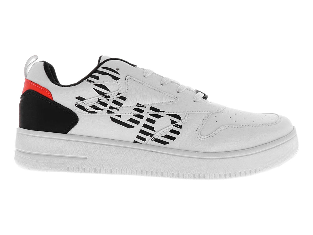 Tenis blancos con detalles gráficos en negro y suela blanca.