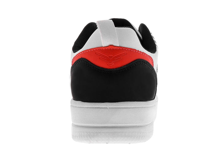 Tenis blancos con detalles gráficos en negro y suela blanca.
