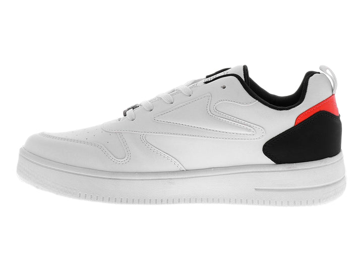 Tenis blancos con detalles gráficos en negro y suela blanca.
