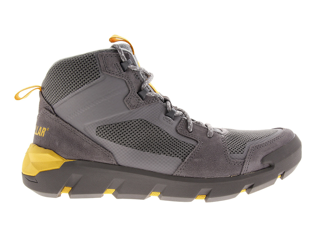 Bota Caterpillar de corte medio color gris con detalles amarillos, fabricada en gamuza y malla.