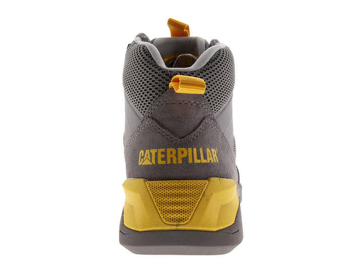 Bota Caterpillar de corte medio color gris con detalles amarillos, fabricada en gamuza y malla.
