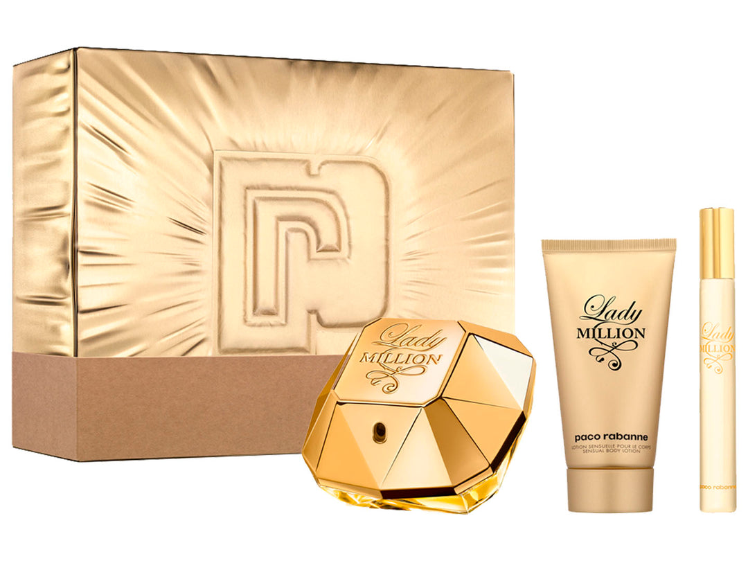 Set de fragancia Lady Million de Paco Rabanne en color dorado, incluye perfume, loción corporal y spray de viaje.